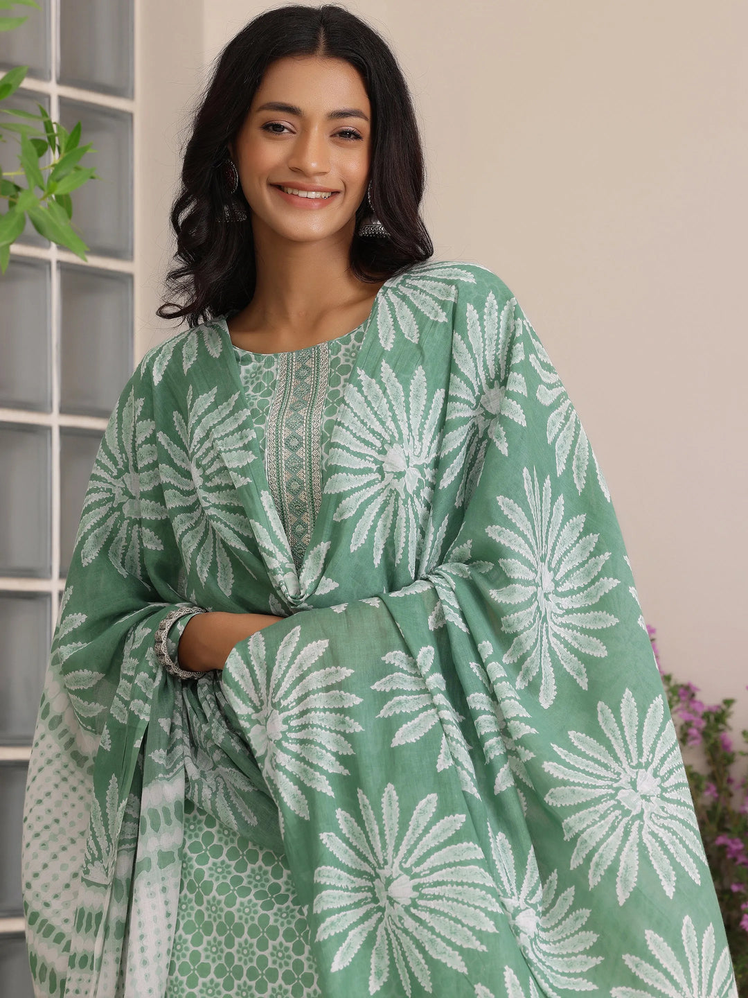  Green Printed Cotton Straight Suit With Dupatta 