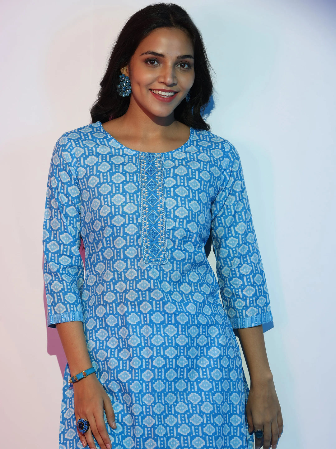  Blue Printed Cotton Straight Suit With Dupatta 