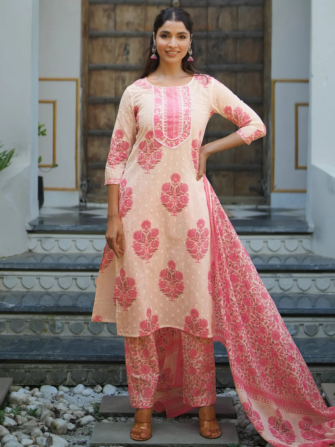 Off White Printed Cotton Straight Suit With Dupatta 