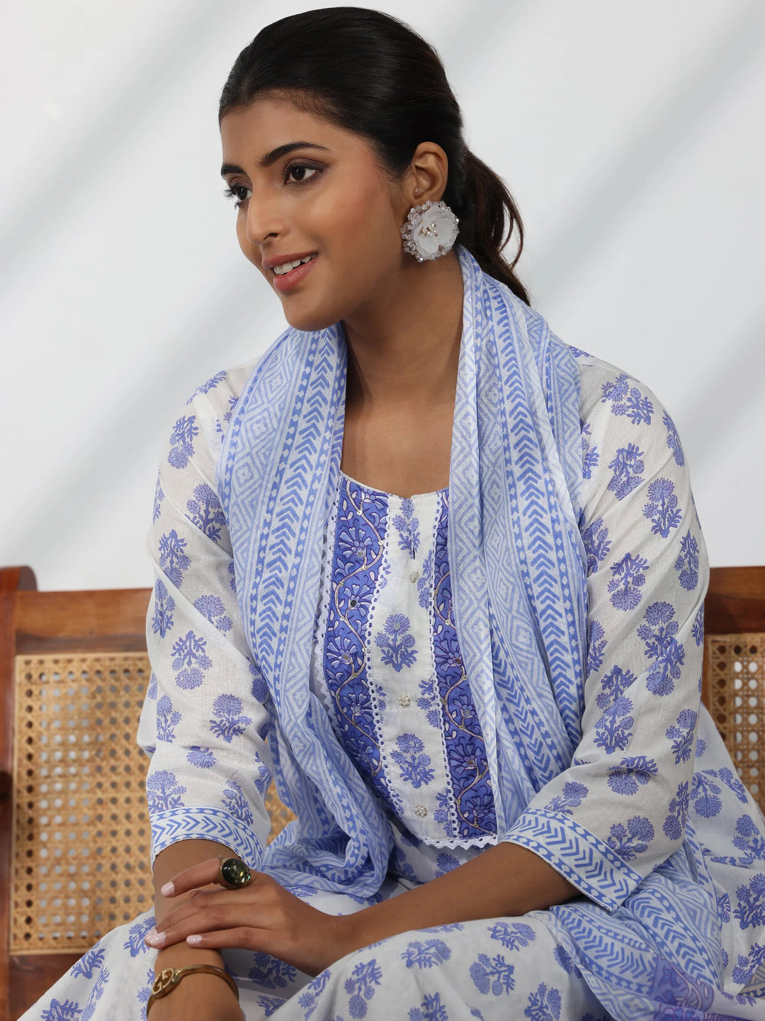  Off White Printed Cotton Straight Suit With Dupatta 