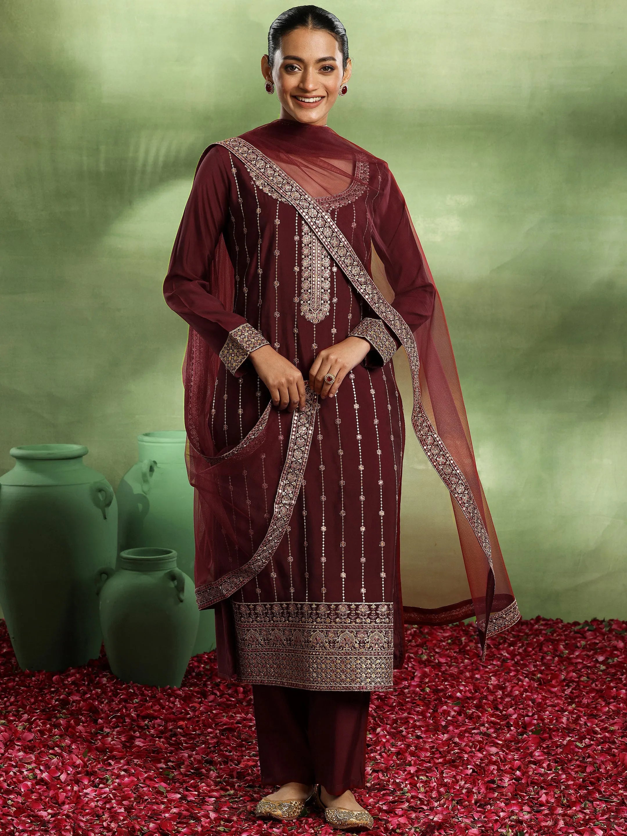 libas Maroon Embroidered Silk Blend Straight Suit With Dupatta-picture-40