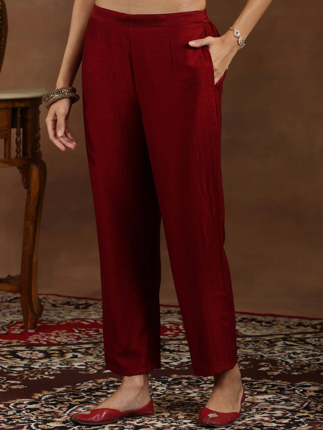  Maroon Embroidered Silk Blend Straight Suit With Dupatta 