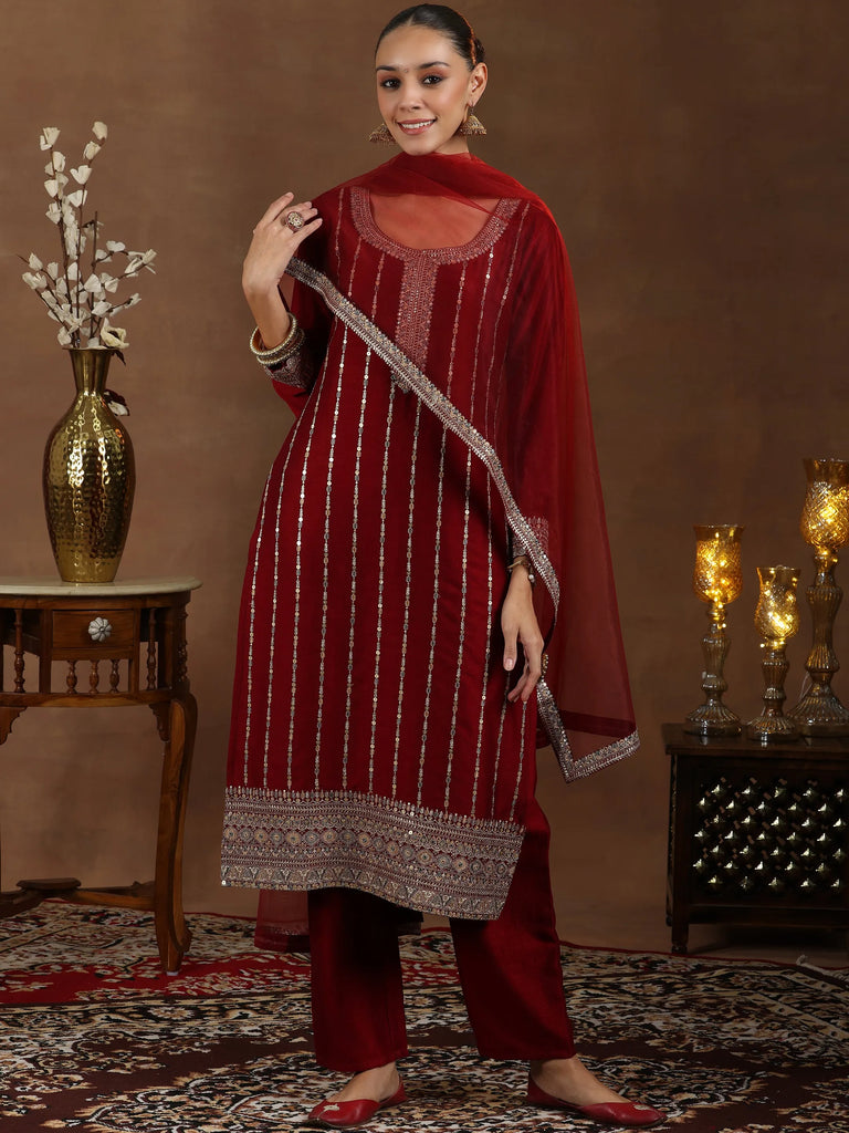 Libas Maroon Embroidered Silk Blend Straight Suit With Dupatta