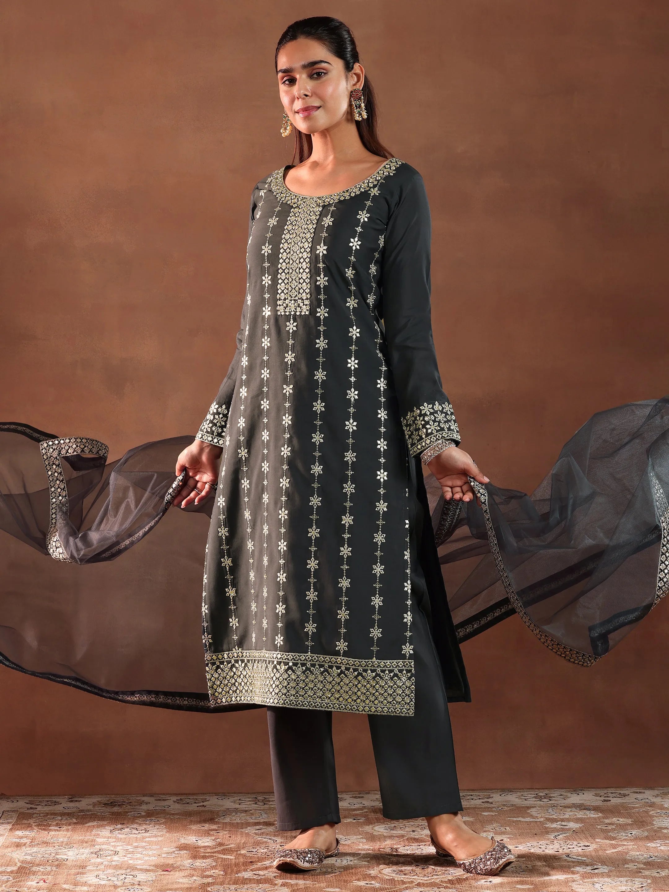 libas Grey Embroidered Silk Blend Straight Suit With Dupatta-picture-37