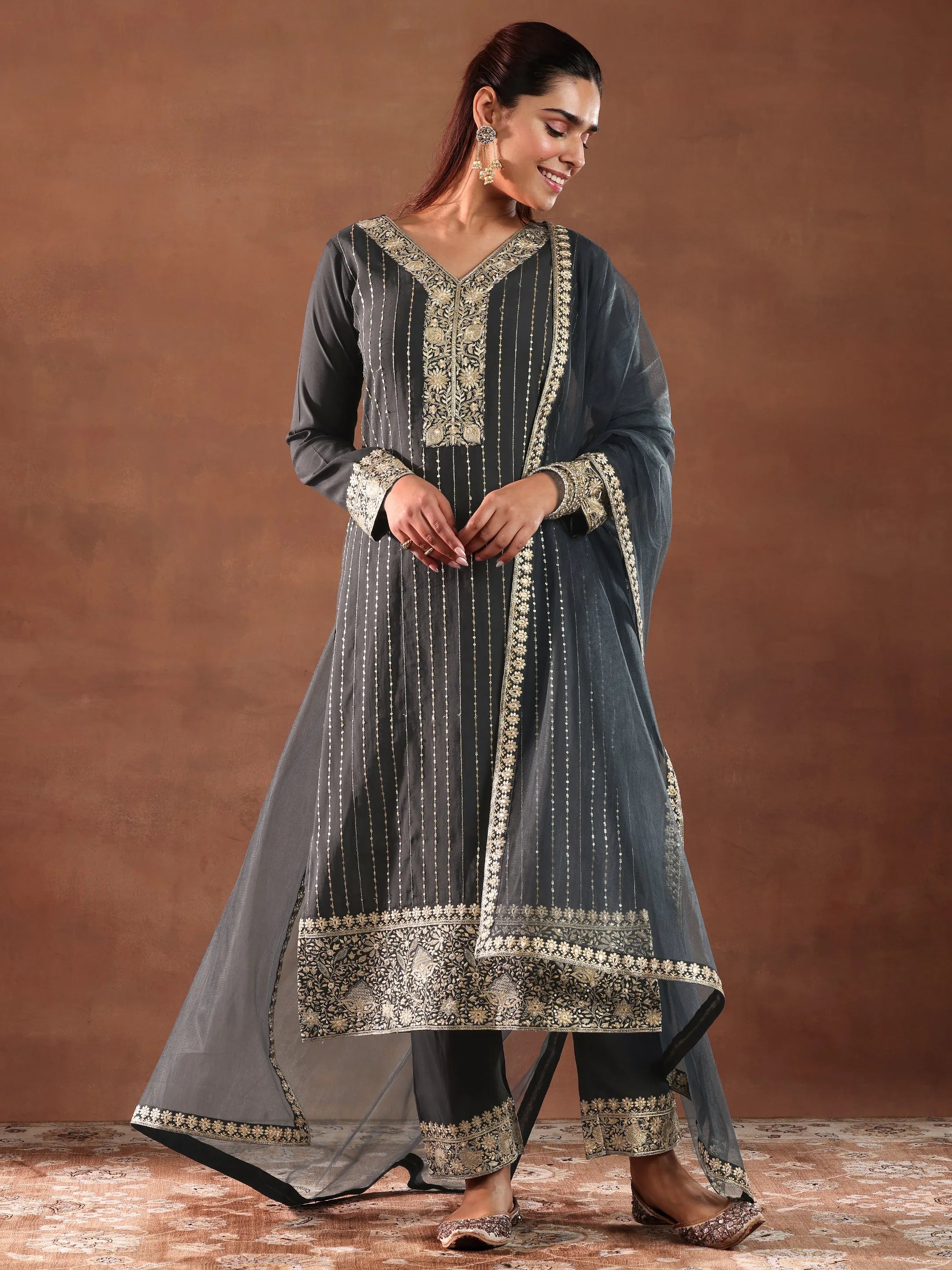 libas Grey Embroidered Silk Blend Straight Suit With Dupatta-picture-36