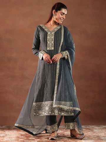 Grey Embroidered Silk Blend Straight Suit With Dupatta