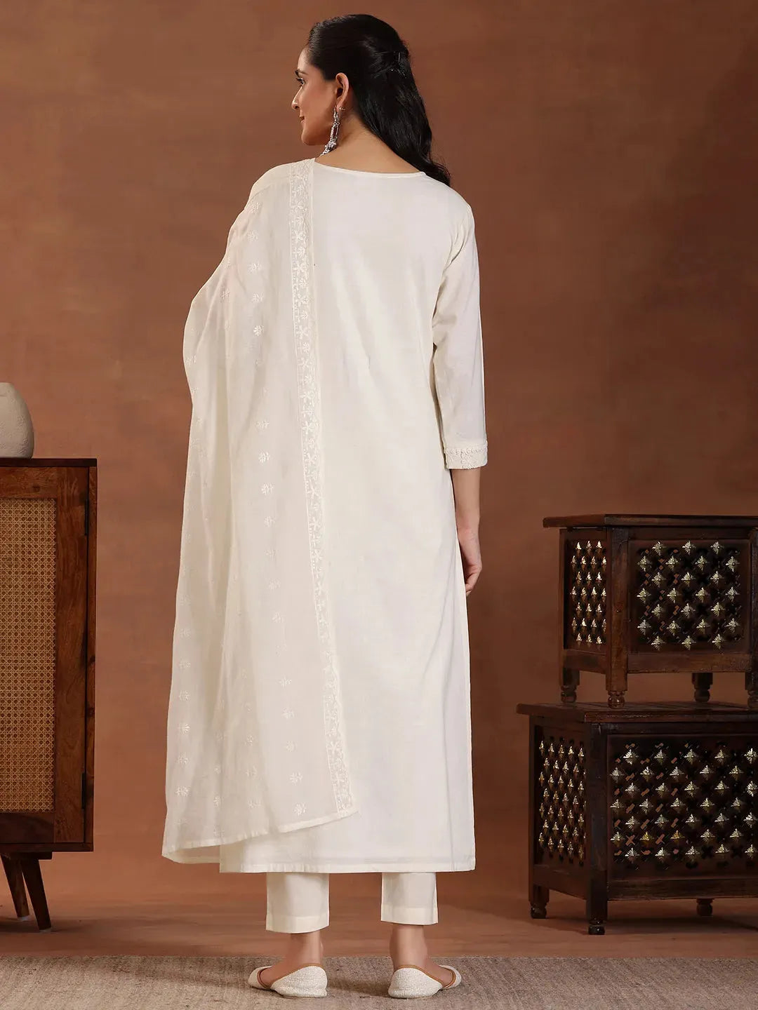  Off White Embroidered Cotton Straight Suit With Dupatta 