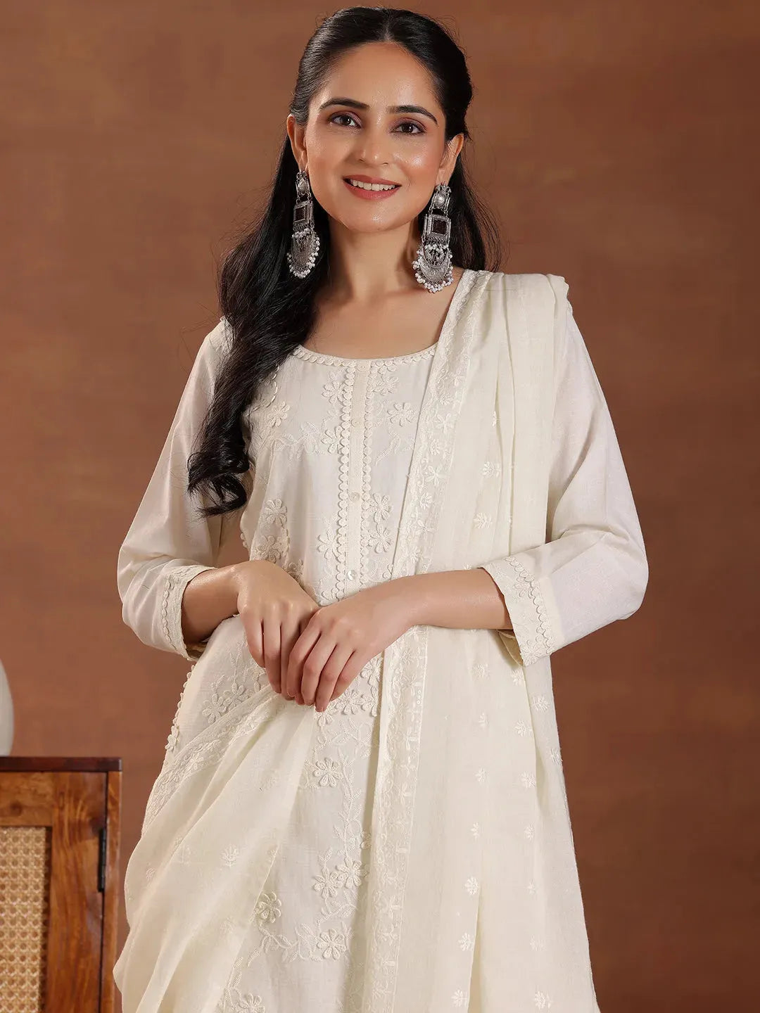  Off White Embroidered Cotton Straight Suit With Dupatta 