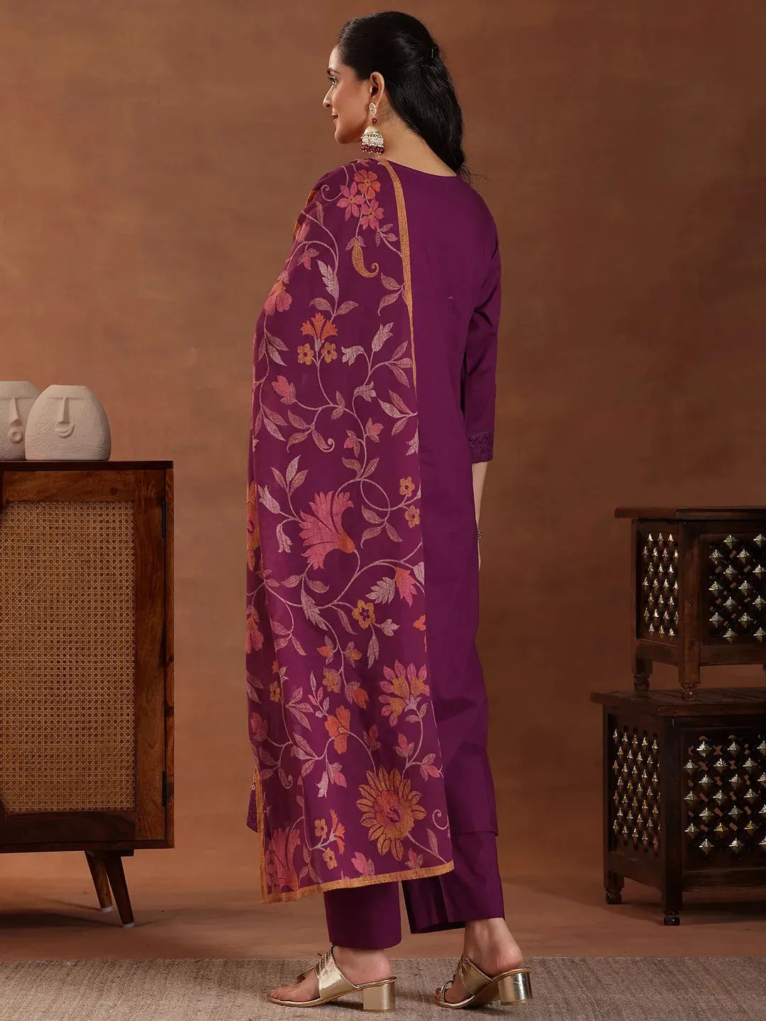  Wine Embroidered Cotton Straight Suit With Dupatta 