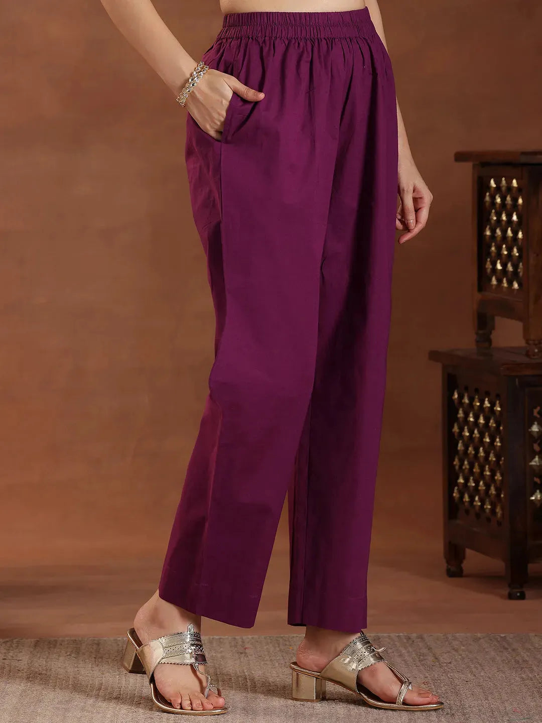  Wine Embroidered Cotton Straight Suit With Dupatta 
