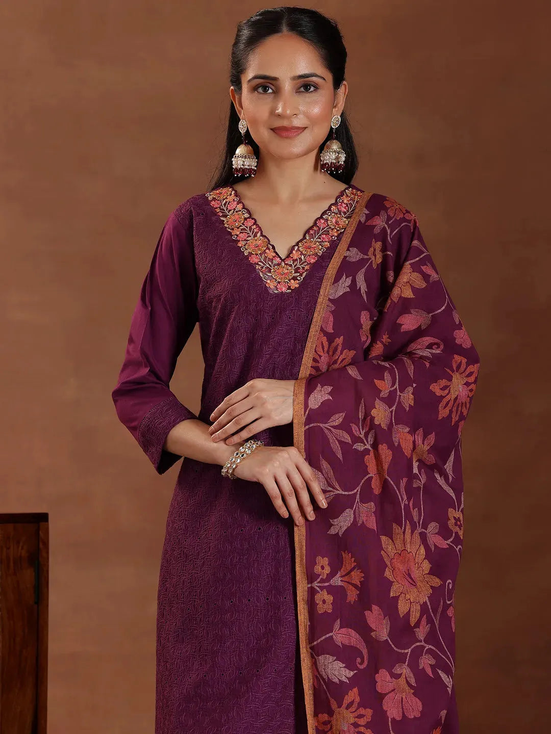  Wine Embroidered Cotton Straight Suit With Dupatta 