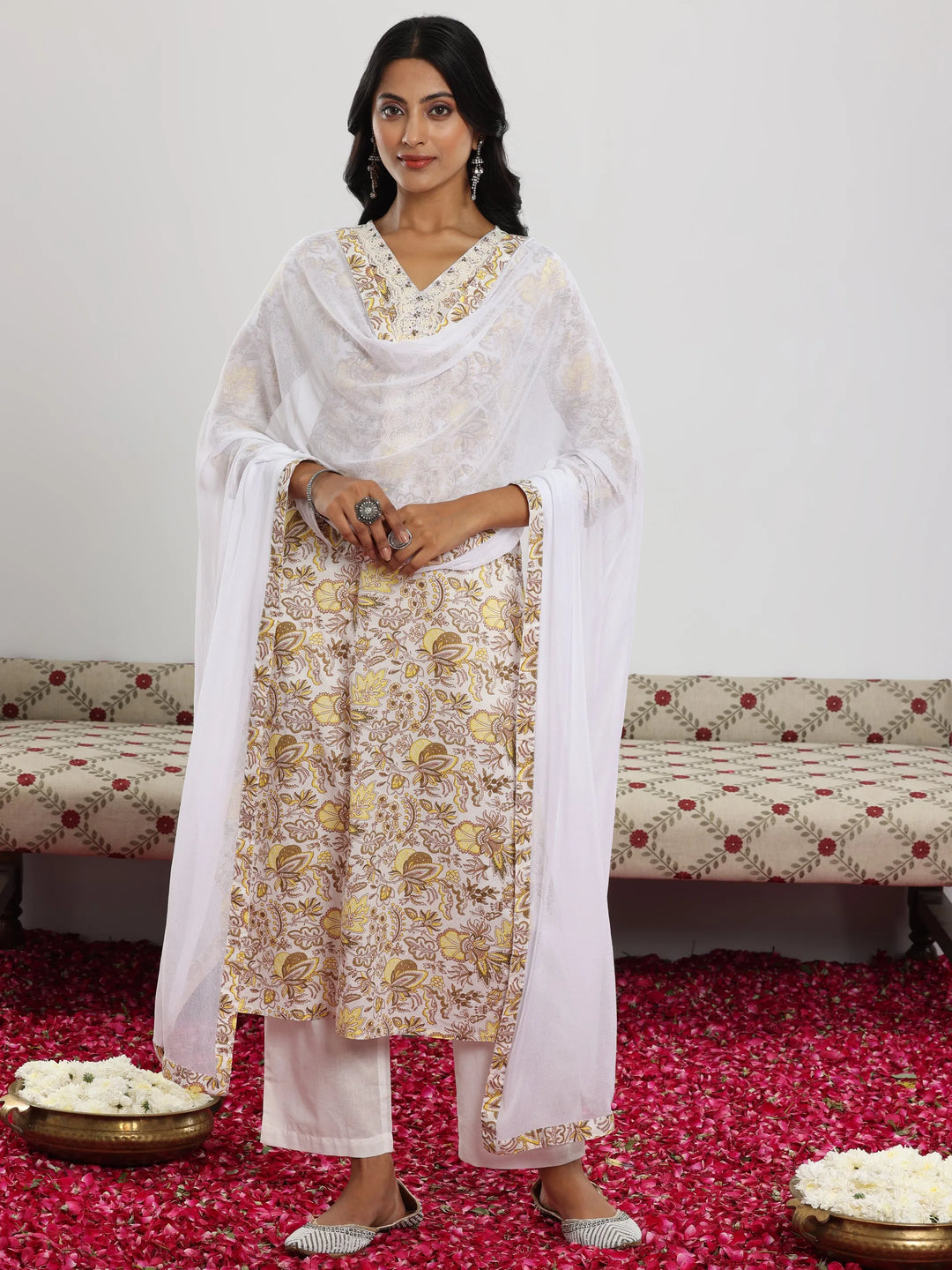  Off White Printed Cotton Straight Suit With Dupatta 