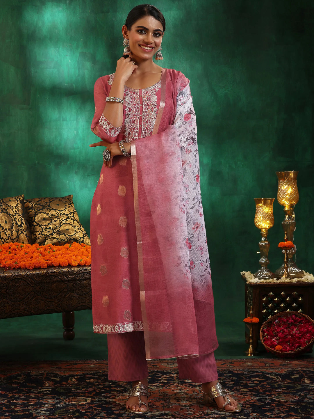  Pink Woven Design Silk Blend Straight Suit With Dupatta 