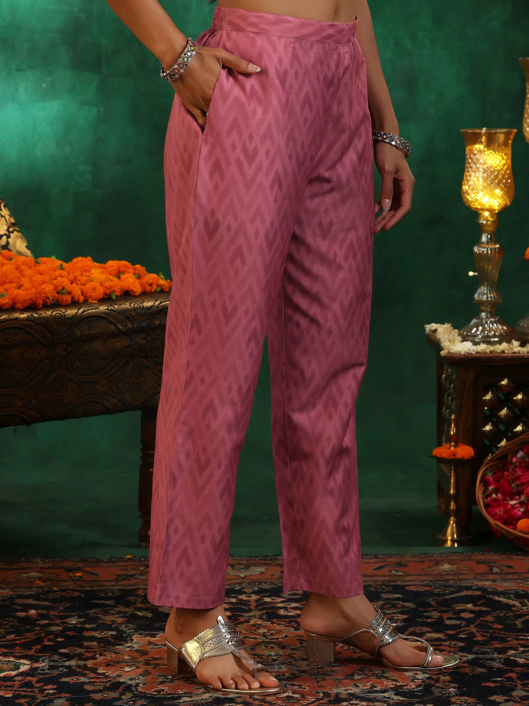  Pink Woven Design Silk Blend Straight Suit With Dupatta 