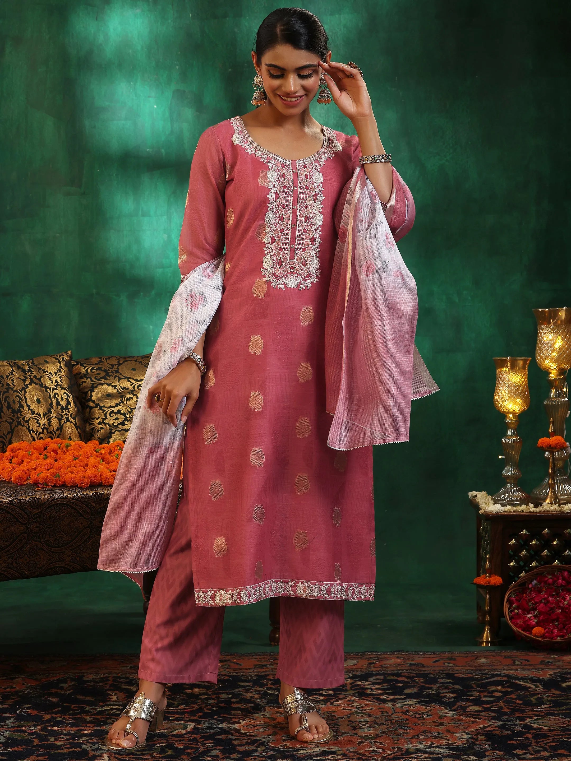 libas Pink Woven Design Silk Blend Straight Suit With Dupatta-picture-47