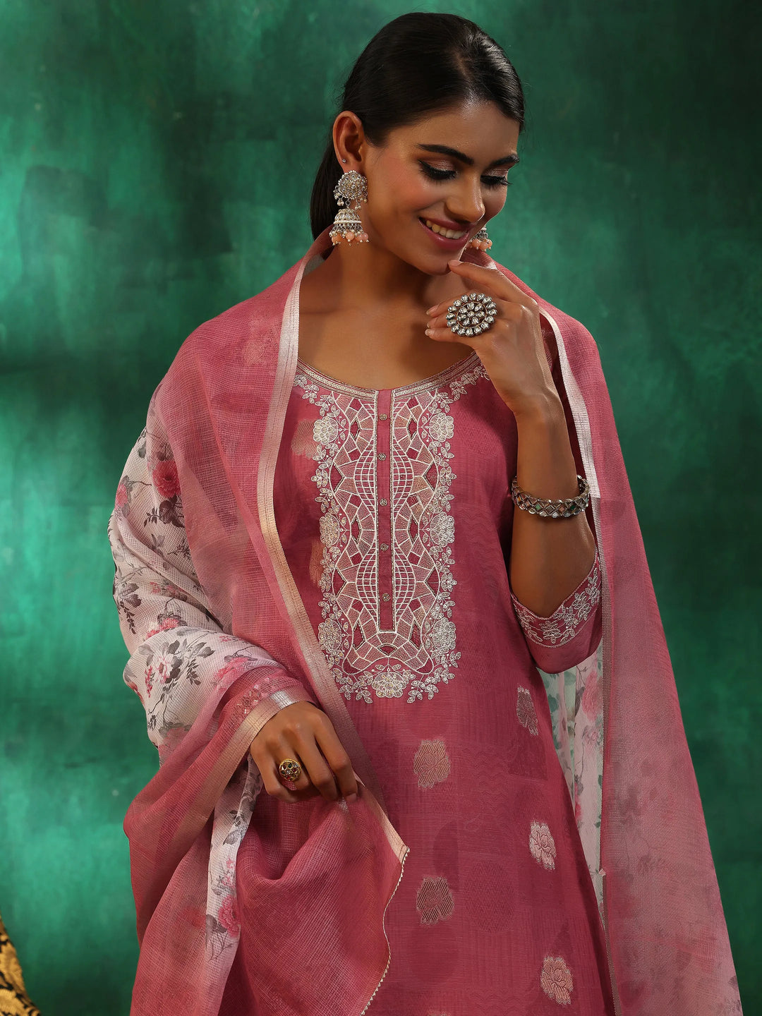  Pink Woven Design Silk Blend Straight Suit With Dupatta 