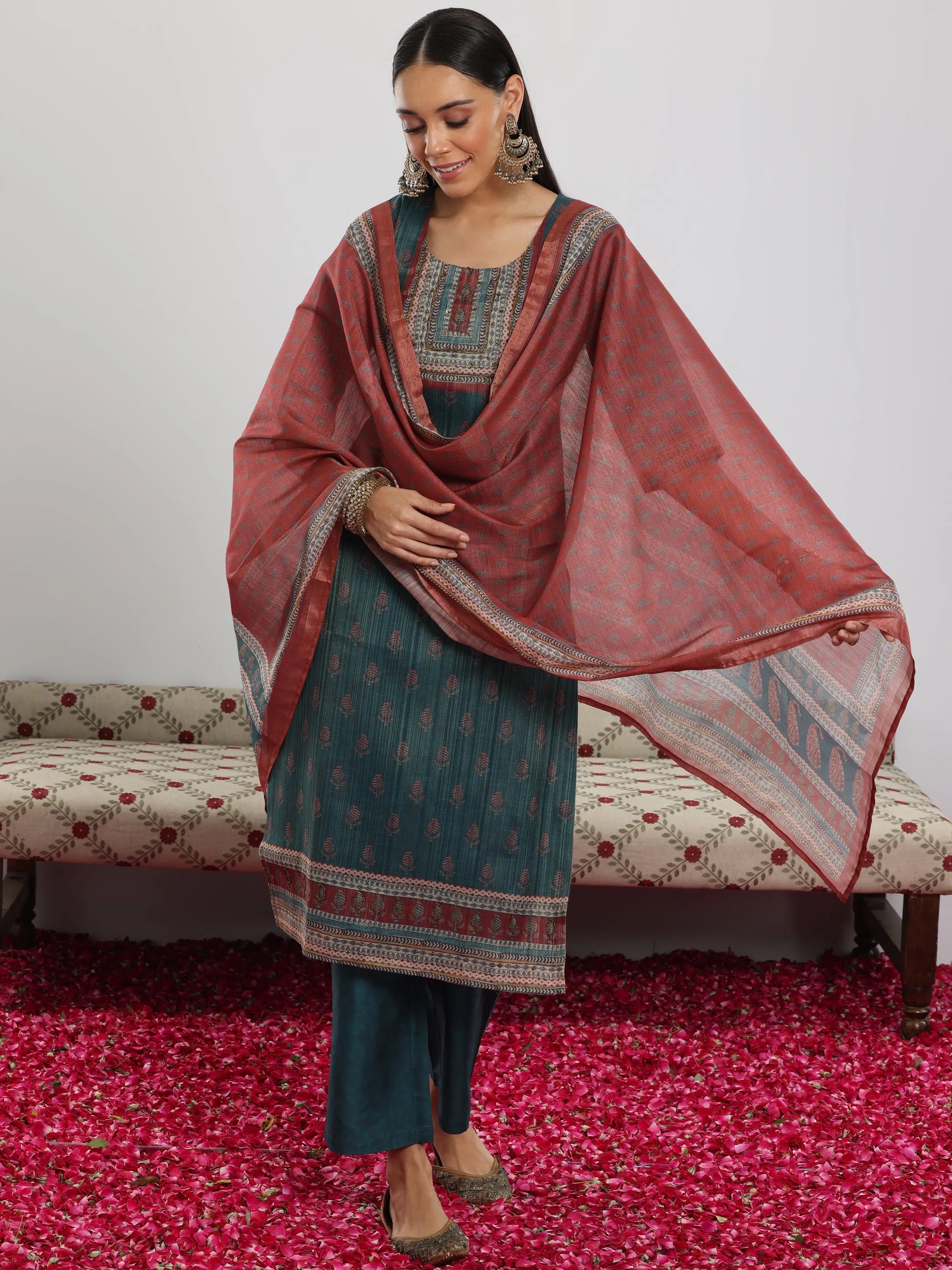 Teal Green Printed Silk Blend Straight Suit With Dupatta-image-3