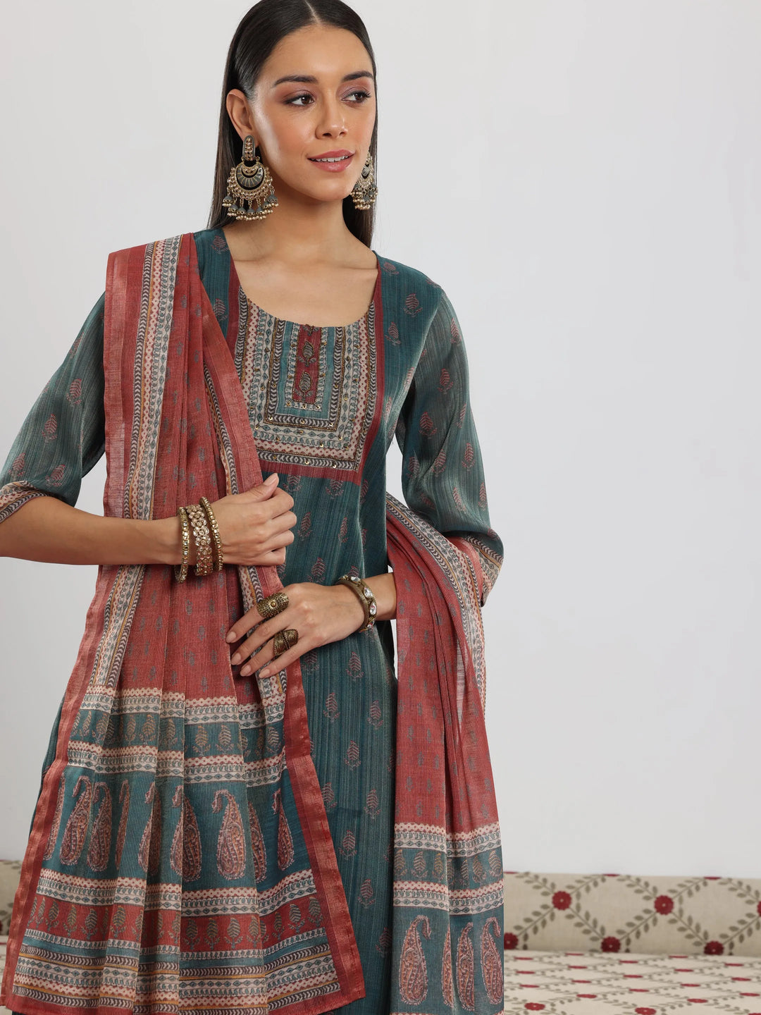  Teal Green Printed Silk Blend Straight Suit With Dupatta 