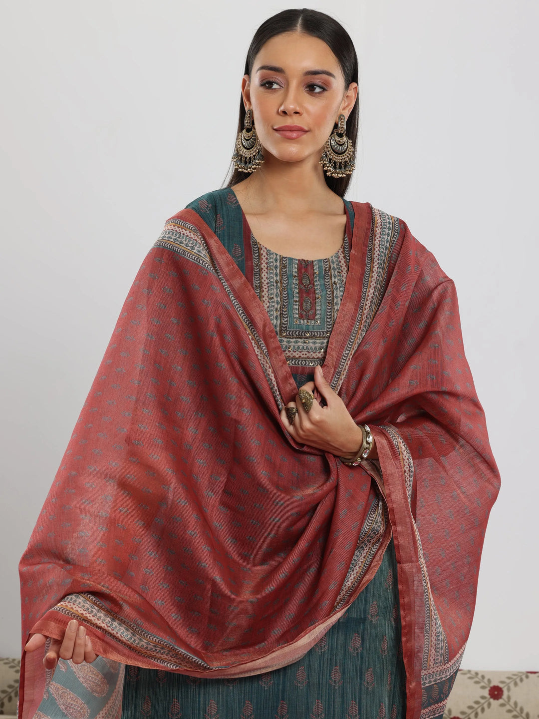  Teal Green Printed Silk Blend Straight Suit With Dupatta 