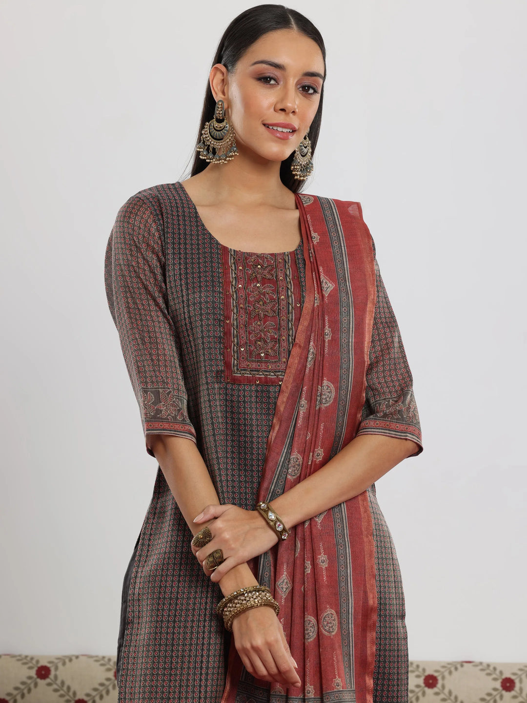  Grey Printed Silk Blend Straight Suit With Dupatta 