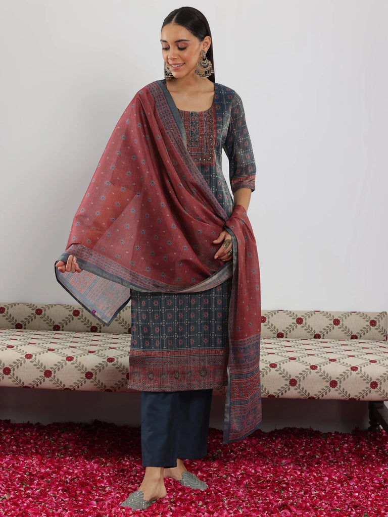 Libas Blue Printed Silk Blend Straight Suit With Dupatta