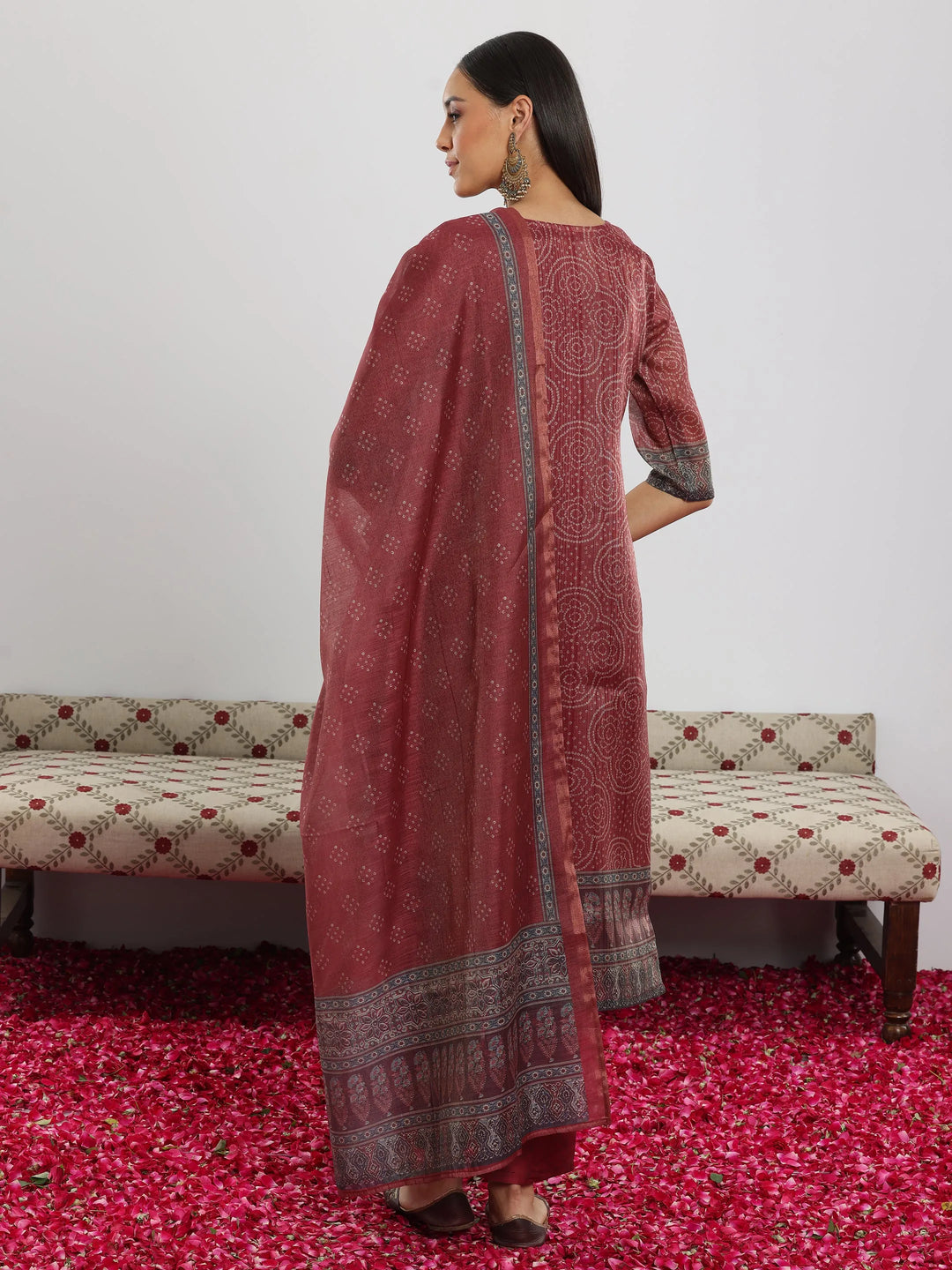  Maroon Printed Silk Blend Straight Suit With Dupatta 