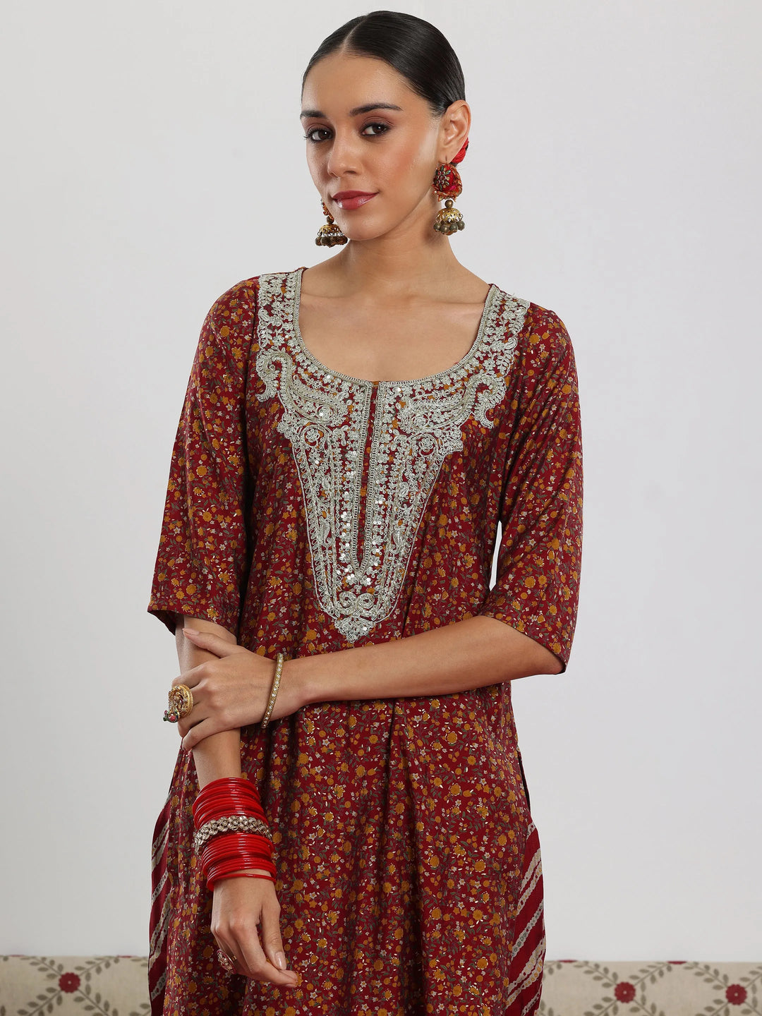  Maroon Printed Silk Blend Straight Suit With Dupatta 