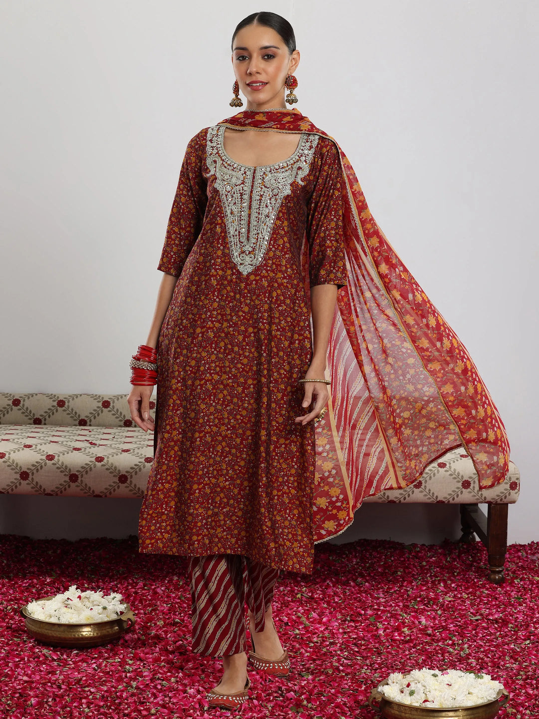  Maroon Printed Silk Blend Straight Suit With Dupatta 