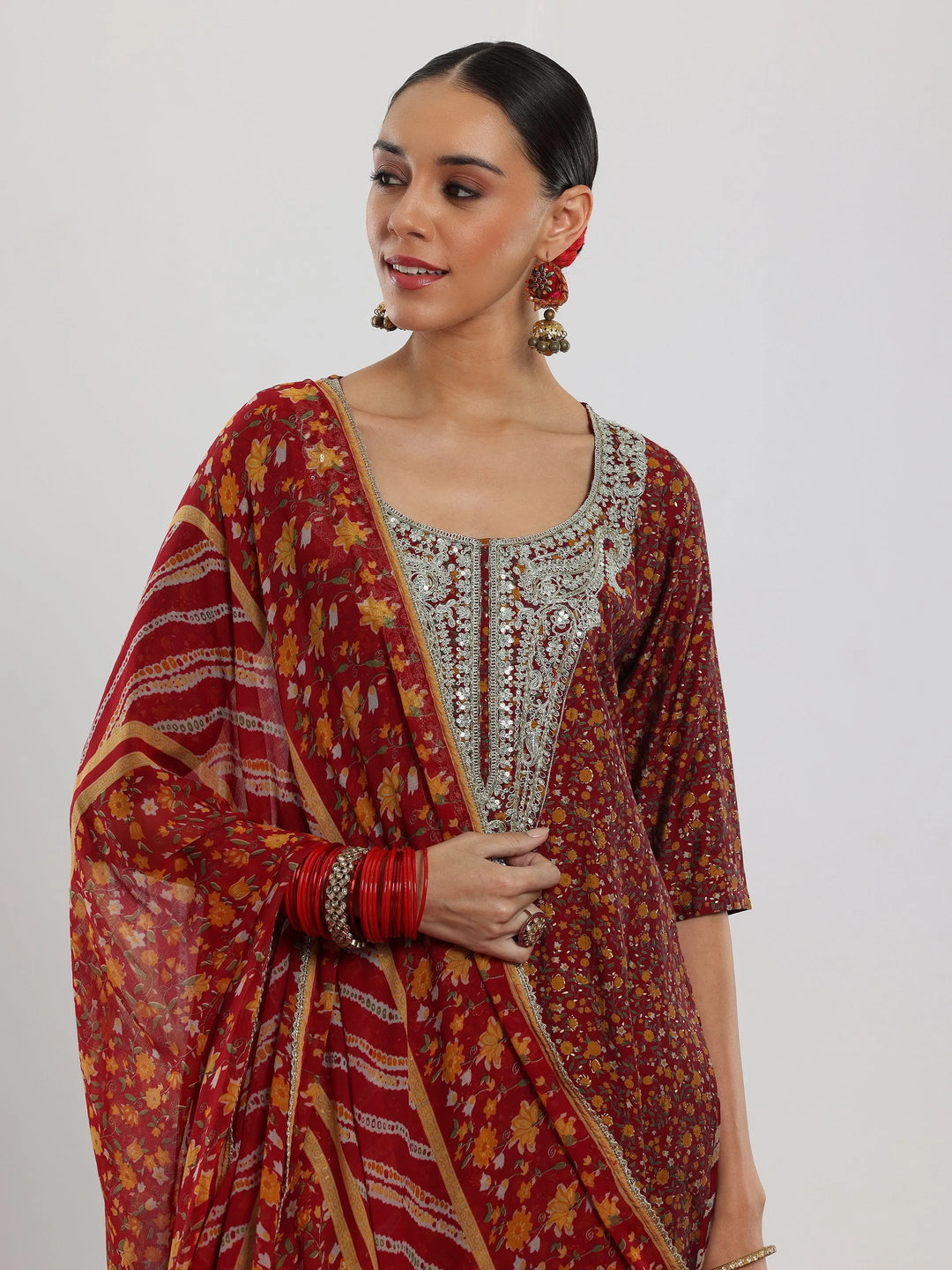  Maroon Printed Silk Blend Straight Suit With Dupatta 