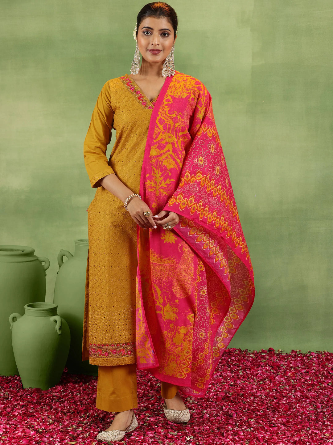  Mustard Embroidered Cotton Straight Suit With Dupatta 