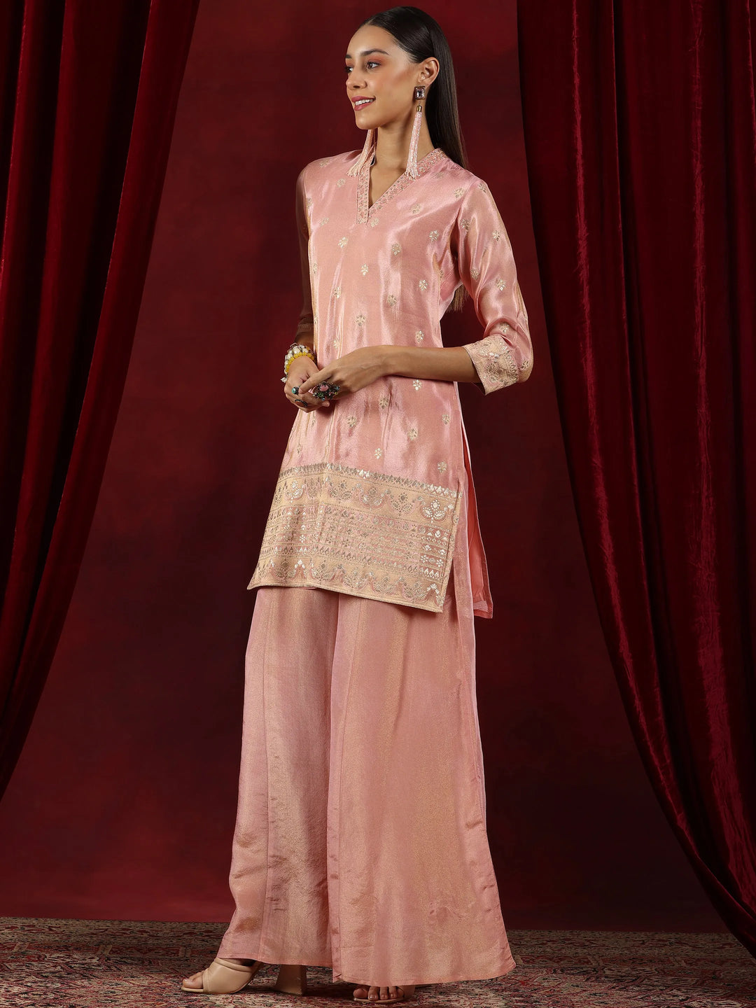  Libas Art Pink Woven Design Silk Blend Straight Suit With Dupatta 