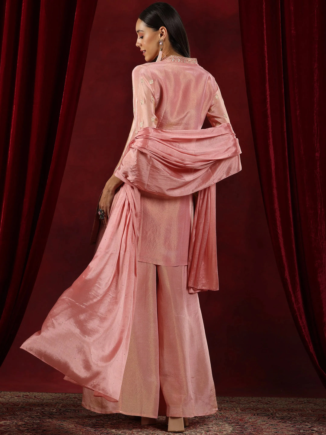  Libas Art Pink Woven Design Silk Blend Straight Suit With Dupatta 
