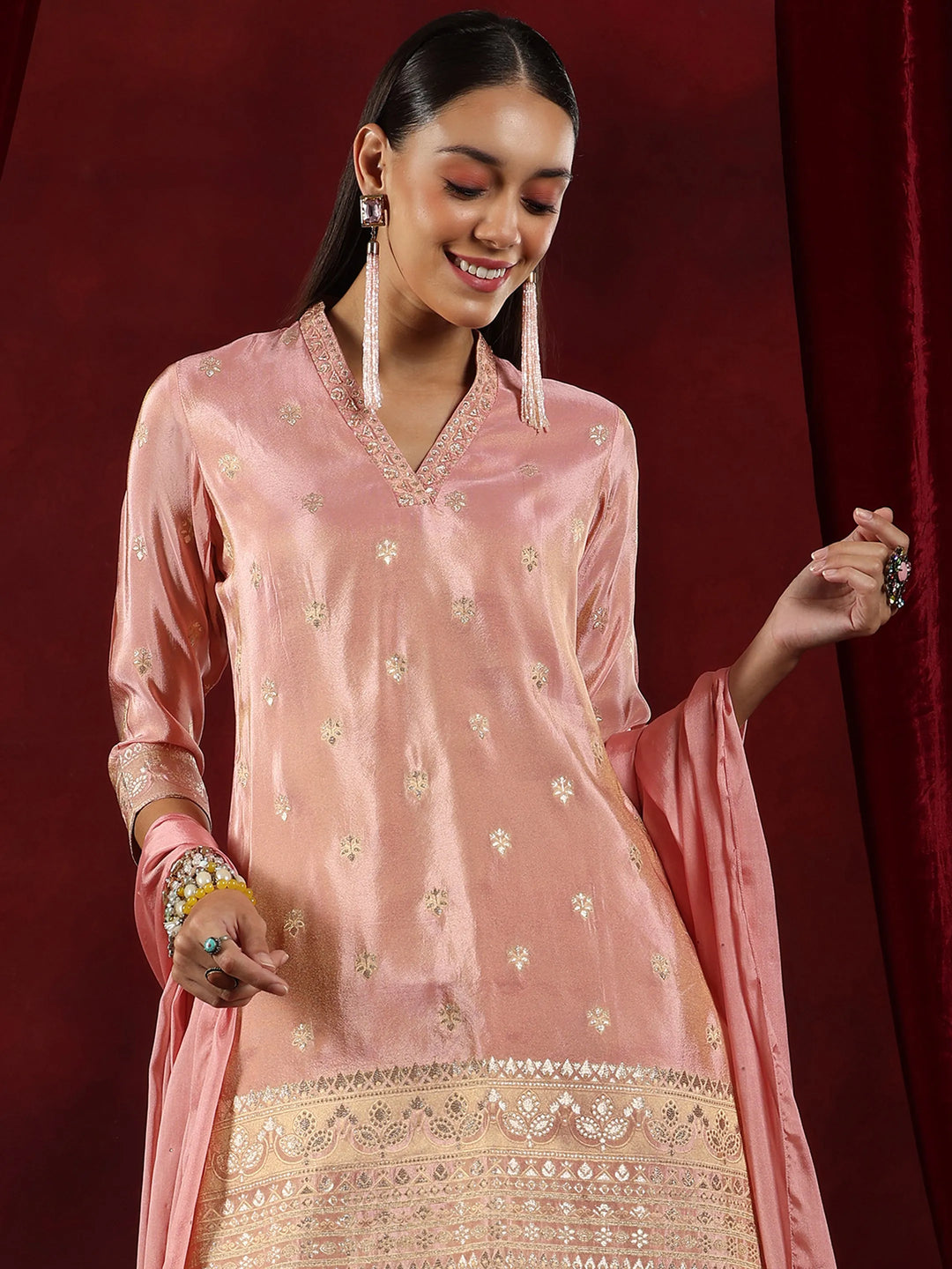  Libas Art Pink Woven Design Silk Blend Straight Suit With Dupatta 