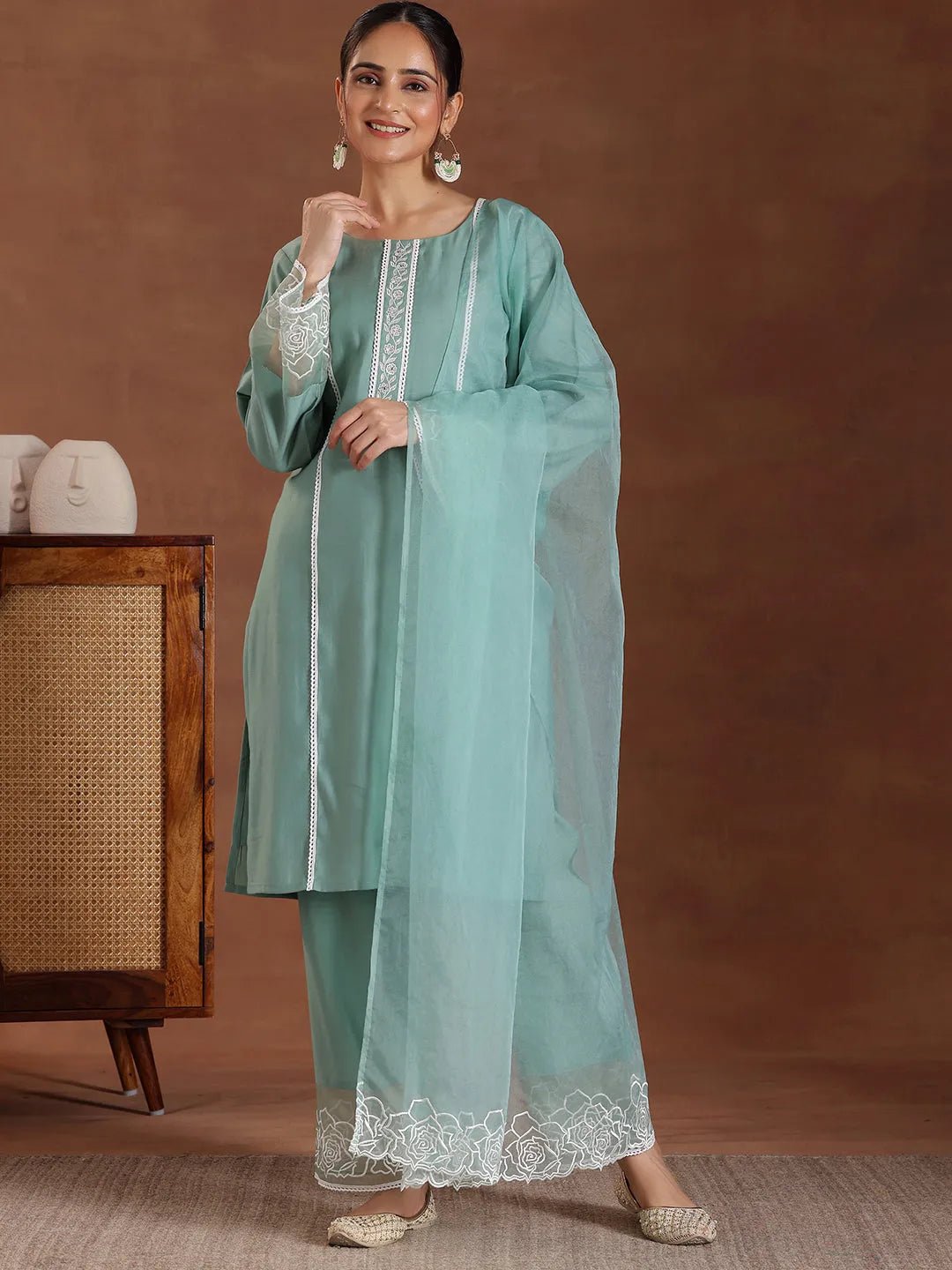  Green Self Design Silk Blend Straight Suit With Dupatta 