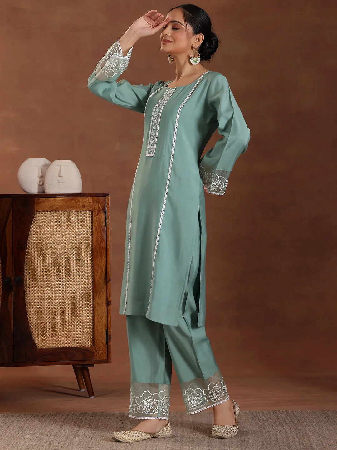  Green Self Design Silk Blend Straight Suit With Dupatta 