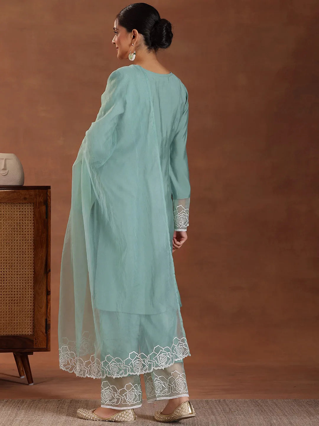  Green Self Design Silk Blend Straight Suit With Dupatta 