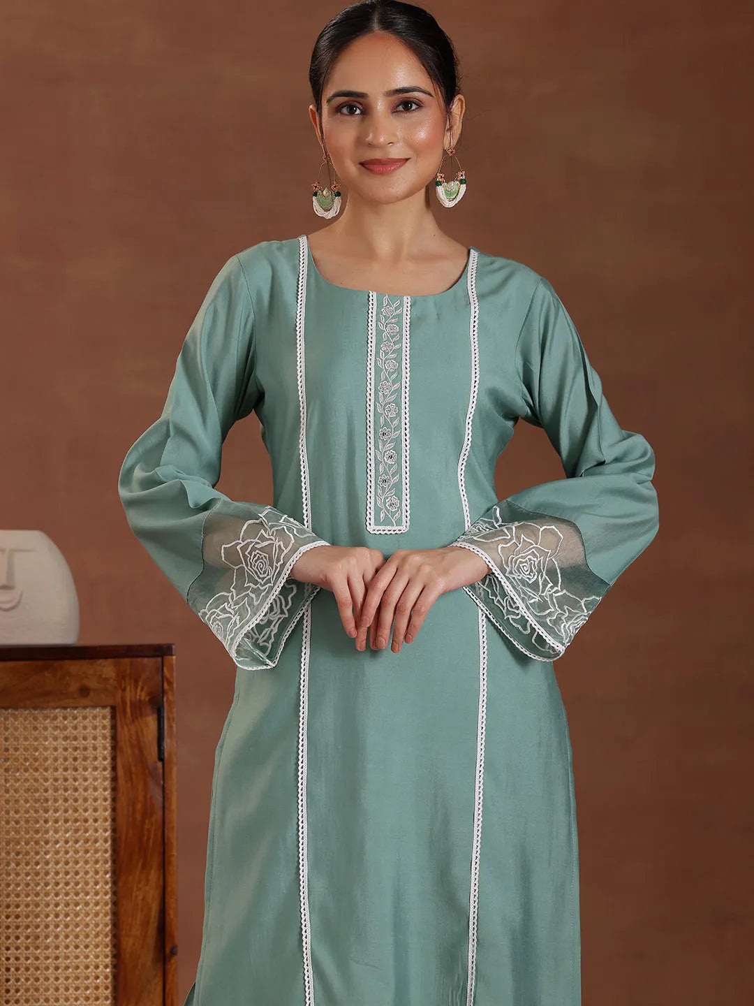  Green Self Design Silk Blend Straight Suit With Dupatta 
