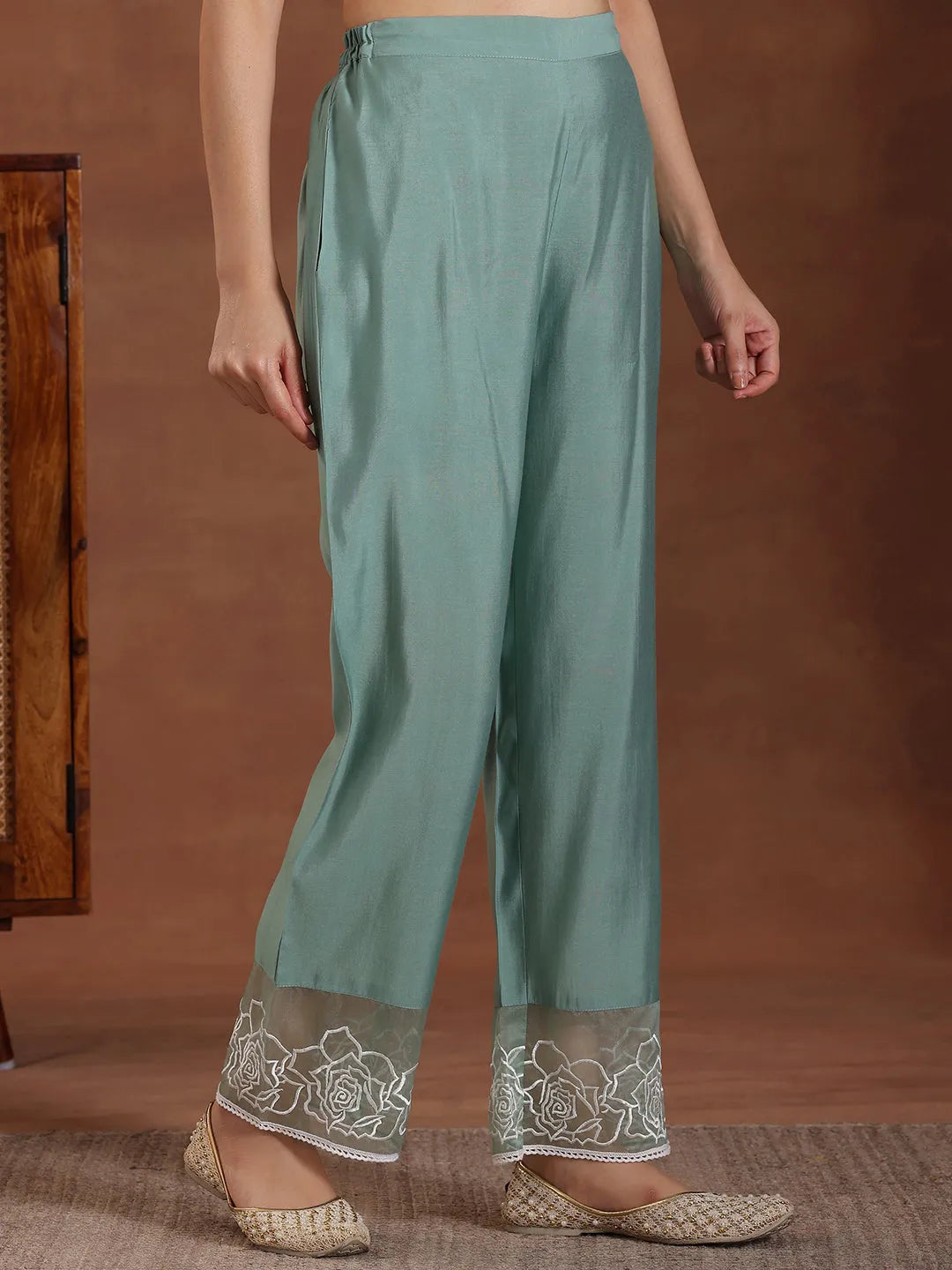  Green Self Design Silk Blend Straight Suit With Dupatta 