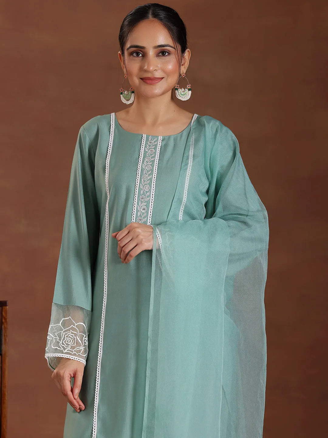  Green Self Design Silk Blend Straight Suit With Dupatta 