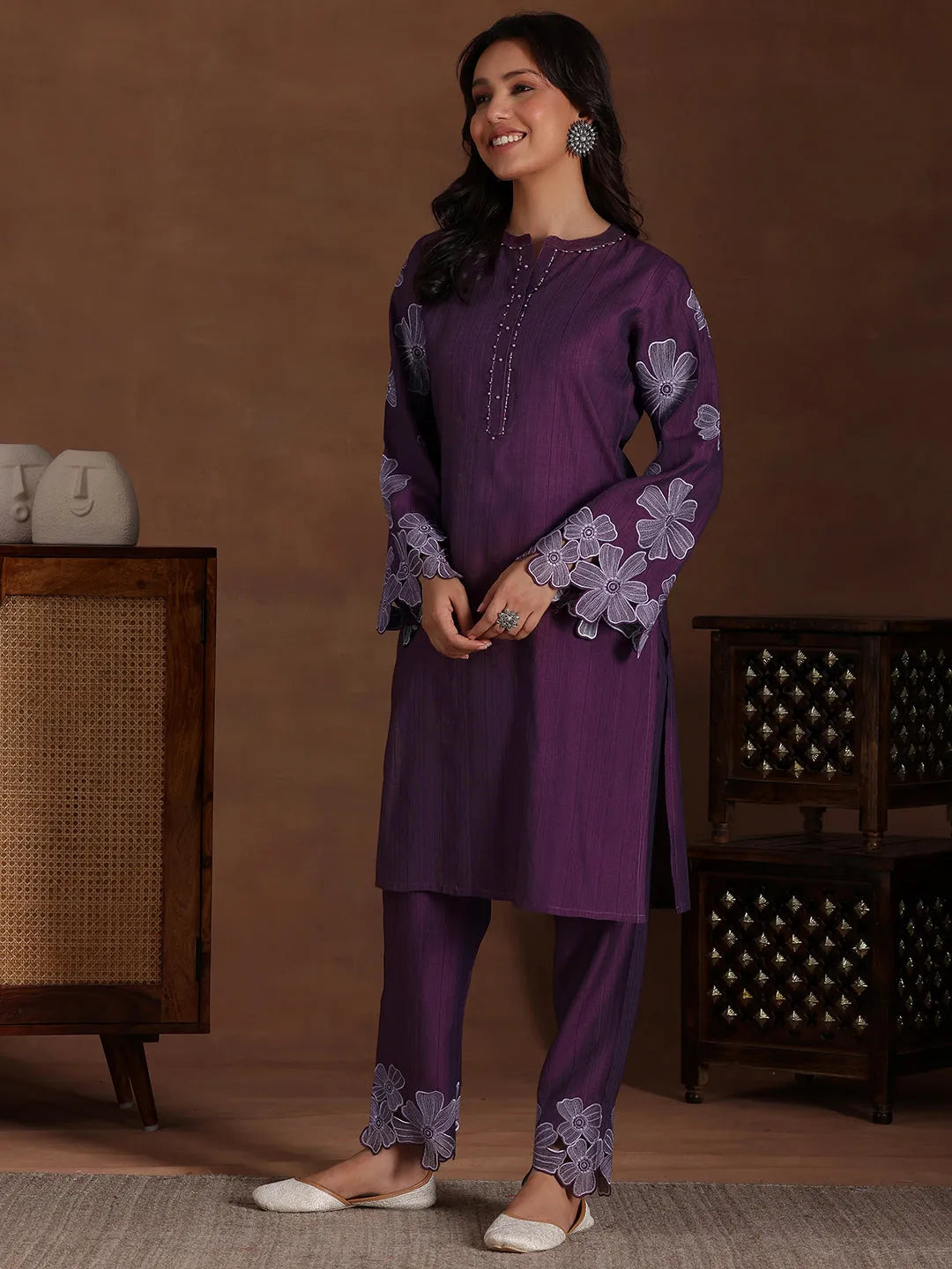  Wine Embroidered Silk Blend Co-Ords 