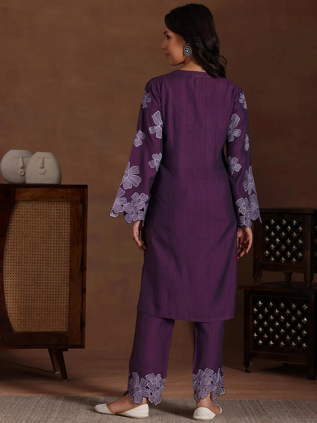  Wine Embroidered Silk Blend Co-Ords 