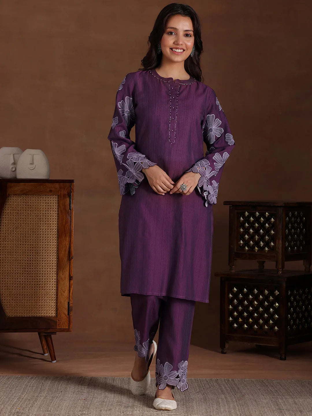  Wine Embroidered Silk Blend Co-Ords 