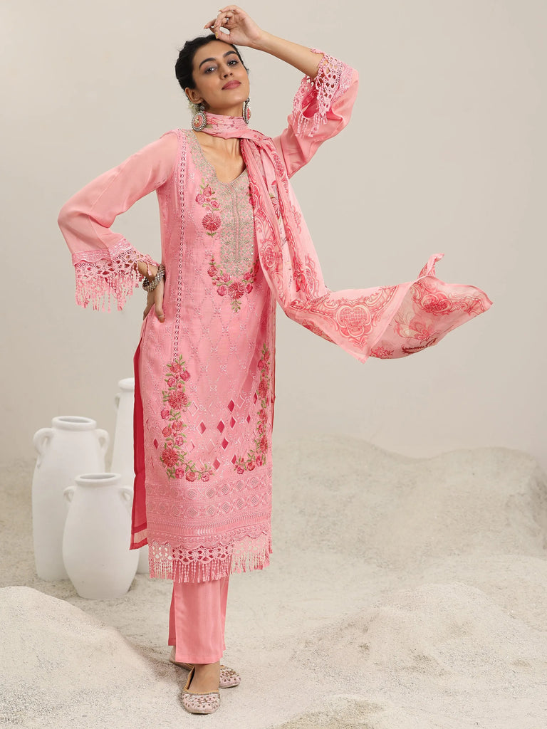 Libas Pink Embroidered Organza Straight Suit With Dupatta
