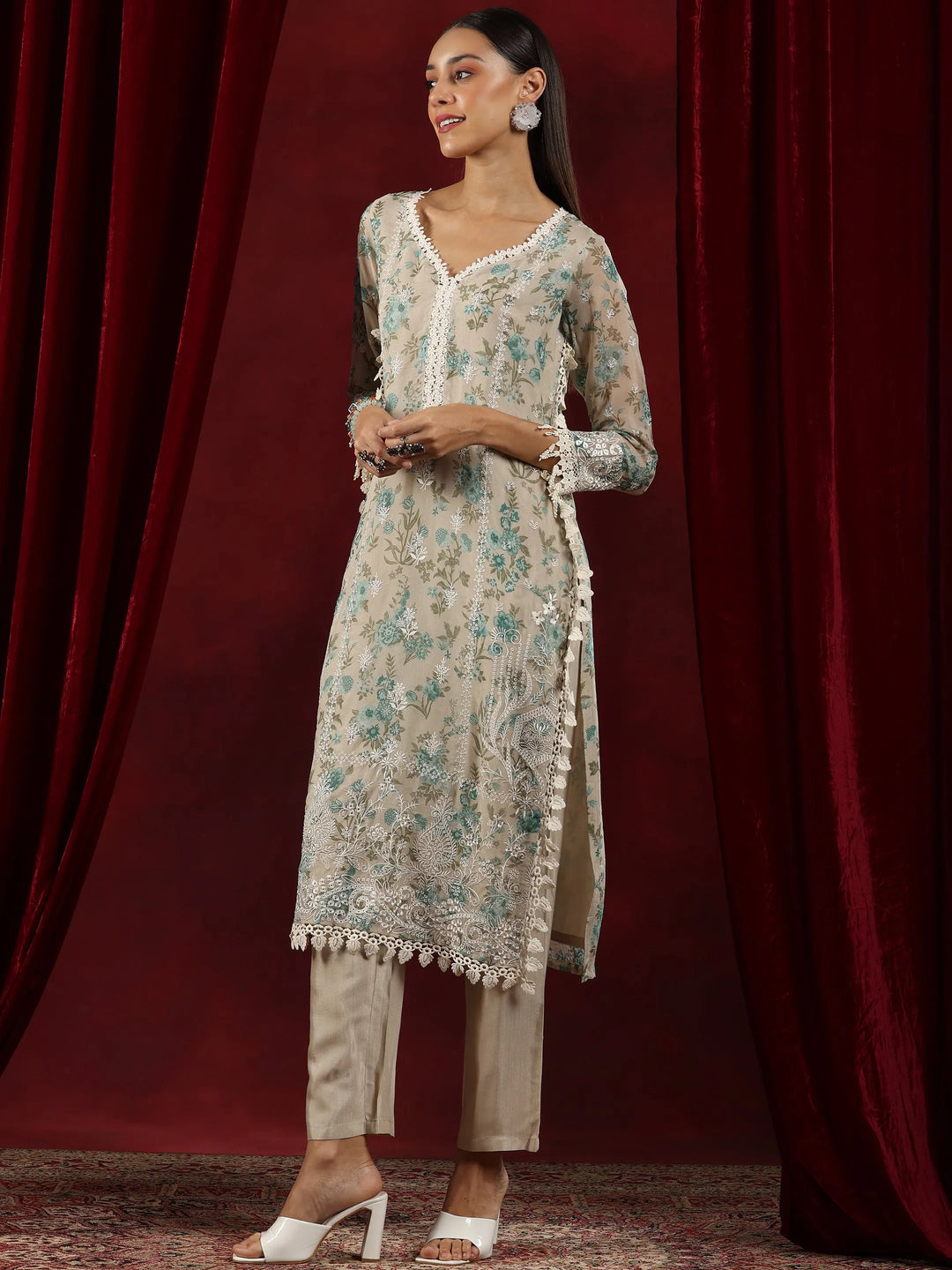 Libas Art Beige Printed Organza Straight Suit With Dupatta 