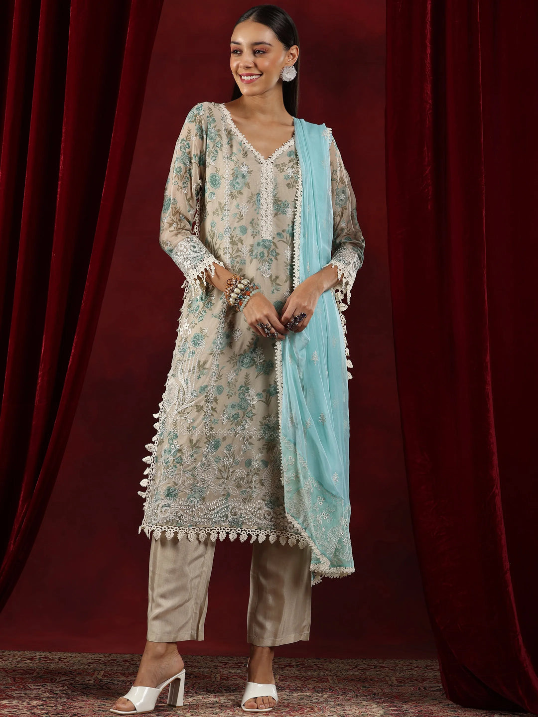  Libas Art Beige Printed Organza Straight Suit With Dupatta 