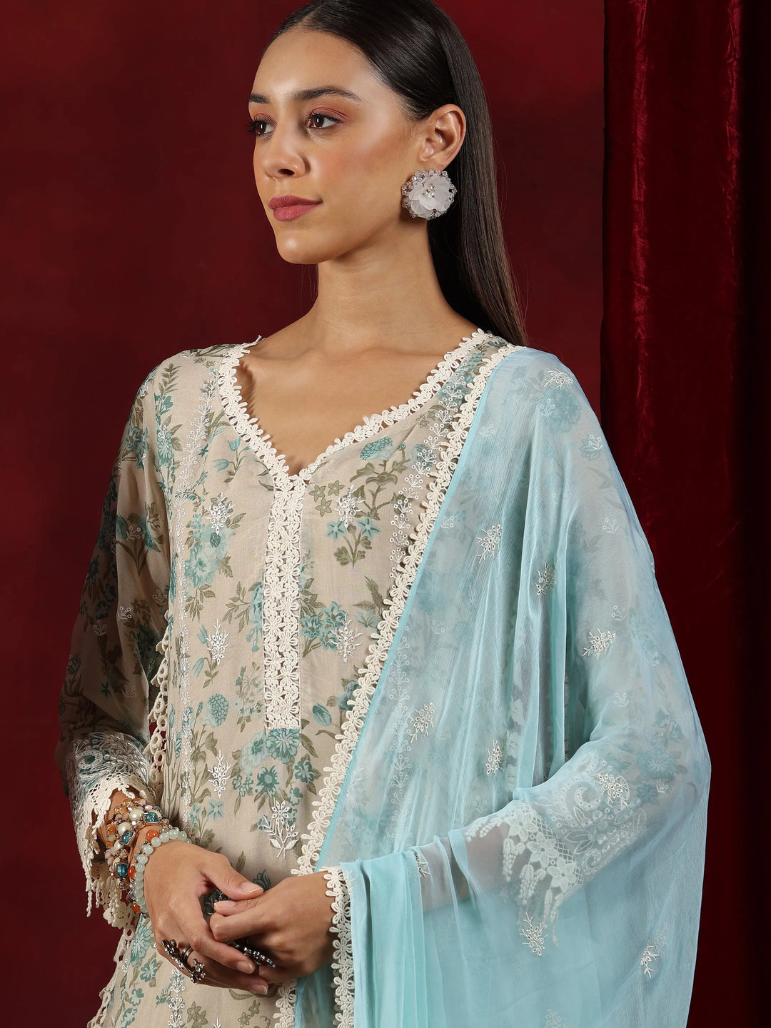  Libas Art Beige Printed Organza Straight Suit With Dupatta 
