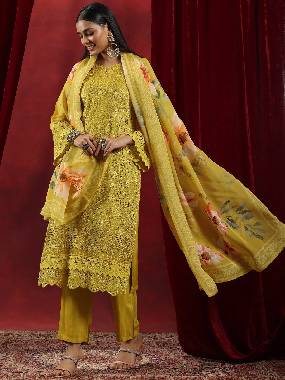  Libas Art Mustard Embroidered Organza Straight Suit With Dupatta 