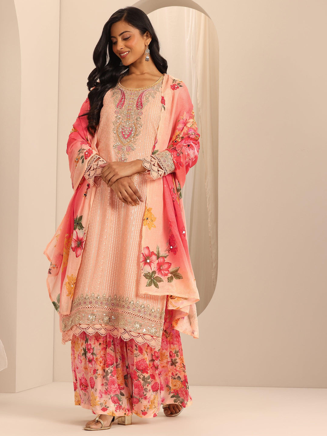  Libas Art Peach Embroidered Georgette Straight Sharara Suit Set With Dupatta 
