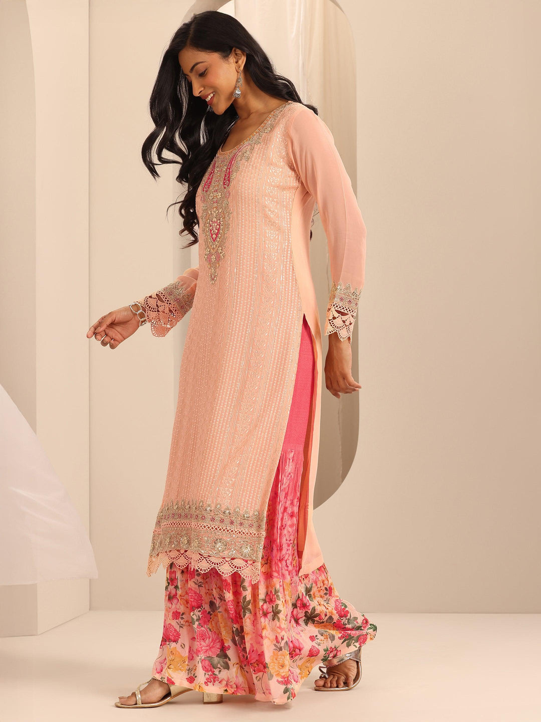  Libas Art Peach Embroidered Georgette Straight Sharara Suit Set With Dupatta 