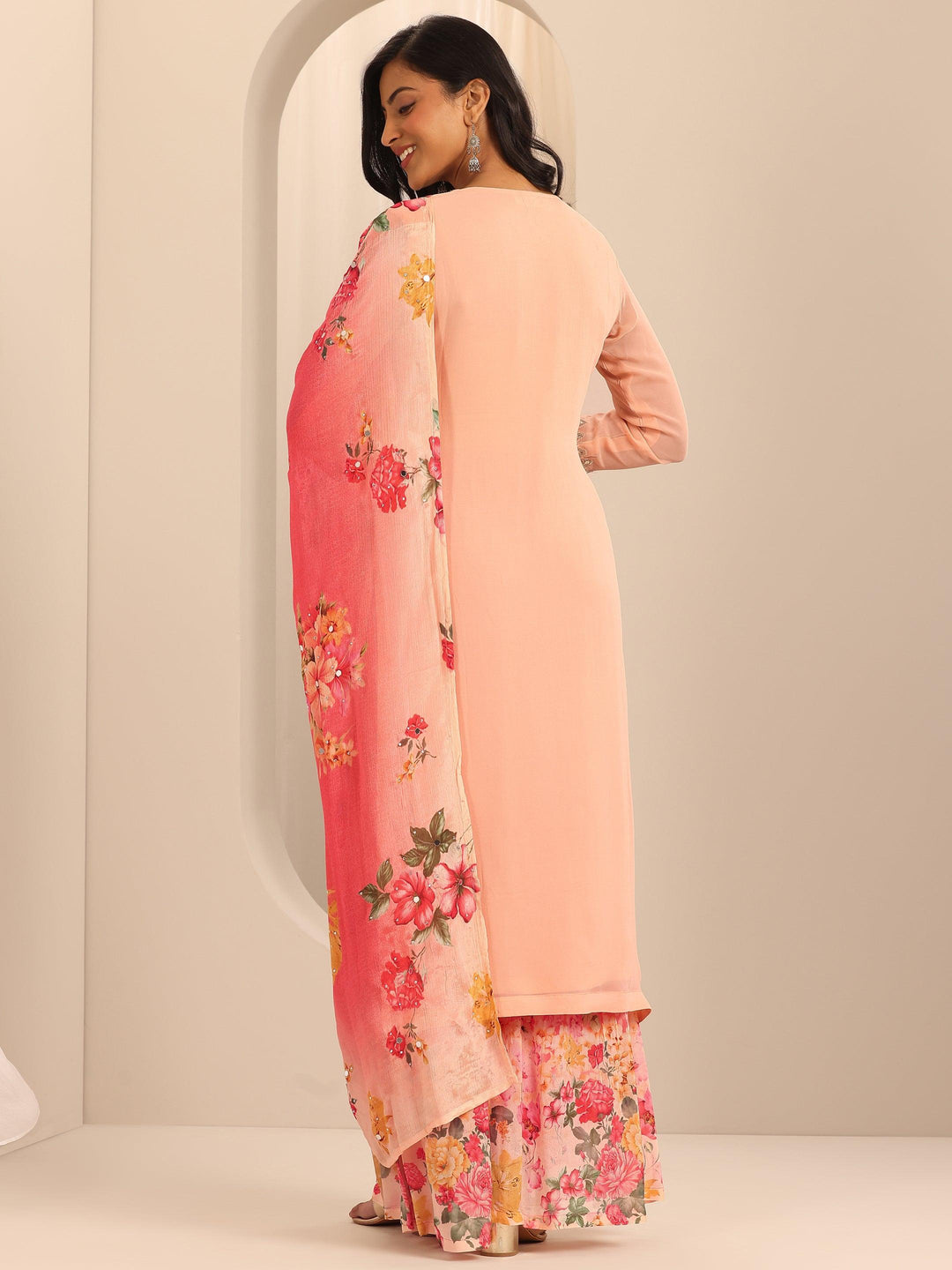  Libas Art Peach Embroidered Georgette Straight Sharara Suit Set With Dupatta 